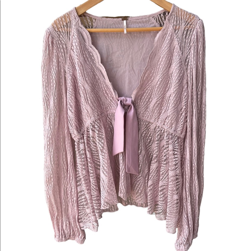 Free People Luisa Lavender Lace Deep V Ribbon Tie Top L